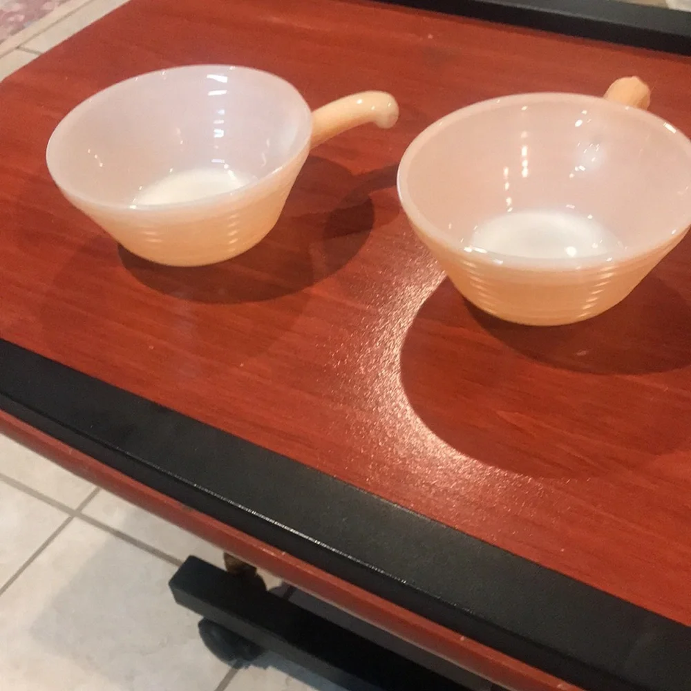 Anchor Hocking Fire King Peach Luster Iridescent Vintage Handled Soup Bowl